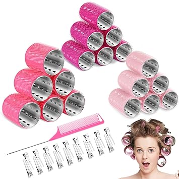 Photo 1 of 37 Pcs Aluminum Thermal Hair Rollers Set 3 Sizes Self Grip Hair Rollers 18 Pcs Duckbill Hair Clips, Comb Hairdressing Styling Tool, Random Color for Women, Men (Pink Series, 0.98'', 1.42'', 1.8'')
