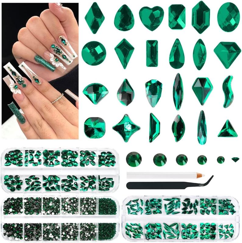 Photo 1 of 2750Pcs Green Nail Rhinestones 240 Multi-Shapes Emerald Green Rhinestones Big Gems Nail Charms+2510 Dark Green Flatback Round Beads K9 Glass Crystals Stones Nail Art for Nails Face Eyes Makeup Crafts 