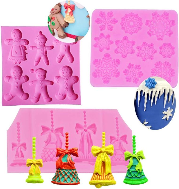 Photo 1 of 3 PCS Christmas Bell Snowflake Gingerbread Man for DIY Cake Fondant Baking Biscuit 3D Chocolates Hard Candies Drop Glue Decor Silicone Mold Tool