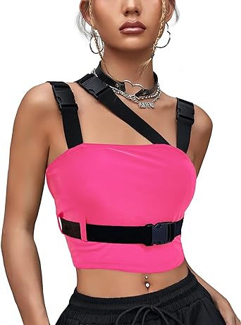 Photo 1 of CYCLAMEN Women's Buckle Tank Tops Sleeveless Tube Crop Cami Tops Rave Gothic Punk Streetwear Shirt Medium