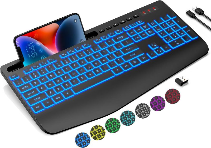 Photo 1 of Trueque Wireless Keyboard with 7 Colored Backlits, Wrist Rest, Rechargeable Ergonomic Keyboard with Phone Holder, Silent Lighted Full Size Computer Keyboard for Windows, MacBook, PC, Laptop (Black)
