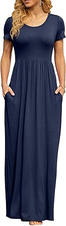 Photo 1 of DB MOON Women's Short Sleeve Maxi Dresses Casual Empire Waist Long Dress with Pockets Large