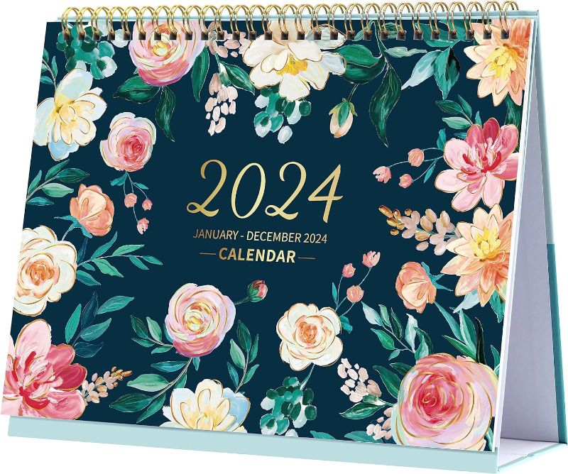 Photo 1 of Desk Calendar 2024 - 2024 Desk Calendar, Standing Flip 2024 Desktop Calendar , 9.8" x 8.3", Jan. 2024 - Dec. 2024, Memo Pages + Twin-Wire Binding + Thick Paper + Unruled Blocks + Julian Date - Oil Floral
