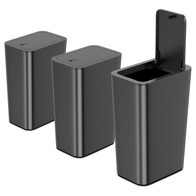 Photo 1 of 3 Pack 10L/2.6 Gal Bathroom Trash Can with Lid, Small Kitchen Trash Can with Press Lid, Black Trash Can/Slim Garbage Cans/Trash Bin/Waste Basket for Bathroom,Kitchen,Office,Bedroom