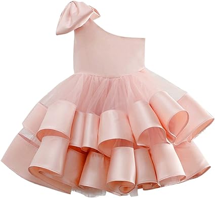 Photo 1 of Flower Girl Dresses for Wedding Layers Satin Bow Kids Princess Dress Bow Shoulder First Communion Dresses Size 90