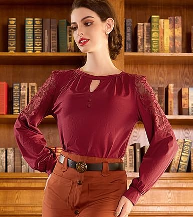 Photo 1 of Belle Poque Long Sleeve Blouse with Lace for Women Keyhole Round Neck Office Shirt Vintage Work Professional Casual Tops XL