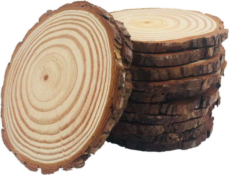 Photo 1 of 10pcs Wood Slices 4-4.7 inch Unfinished Natural with Tree Barks Diameter Large Circle Rustic Wedding Centerpiece Disc Coasters Christmas Ornaments DIY Woodland Projects Table Chargers Wedding