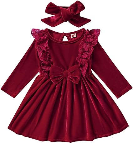 Photo 1 of Baby Girl Clothes Newborn Dress Toddler Girls Long Sleeve Dresses Solid Bowknot Princess Dress Infant Cat Suit 12-18mo