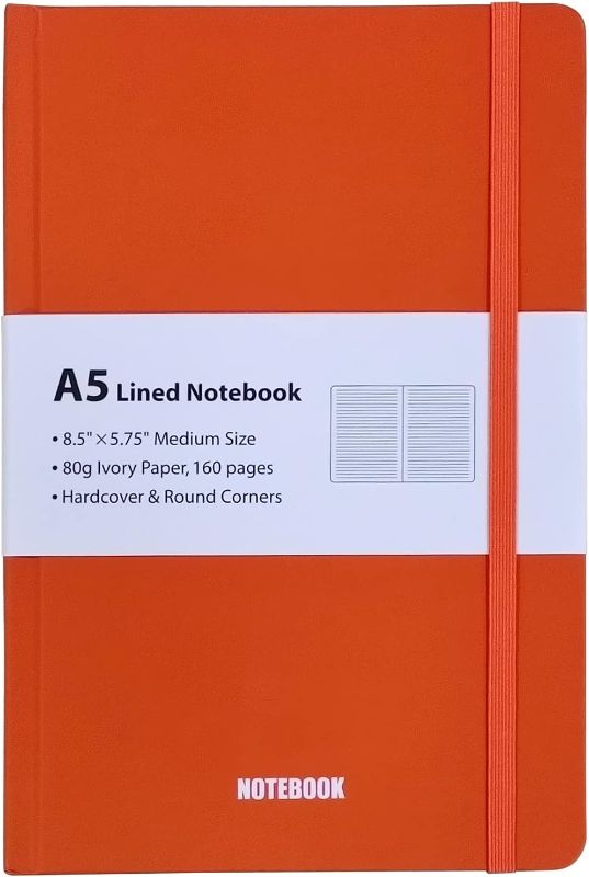 Photo 1 of Leepie A5 Lined Notebook With Elastic Closure, Hardcover Notebook For Work, A5 Notebook For School, Ruled Notebook For Study, 8.5" x 5.75" Medium Size Notebook (Orange)
