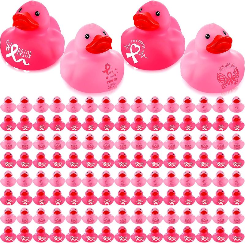 Photo 1 of 120 Pcs 2 Inch Breast Cancer Awareness Rubber Ducks Bulk Screaming Sound Novelty Ducks Pink Ribbon Ducks Bath Toys for Breast Cancer Awareness Survivor Gifts 