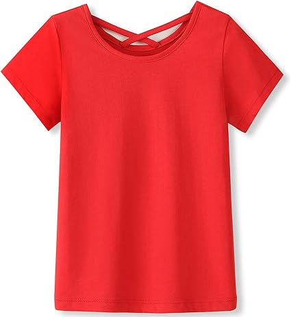 Photo 1 of Aimehonpe Girls Tops, Tees Cotton Shirts Short Sleeve Lattice-Back Crewneck T-Shirt Summer Fashion Clothes Soft Rib-Knit Large