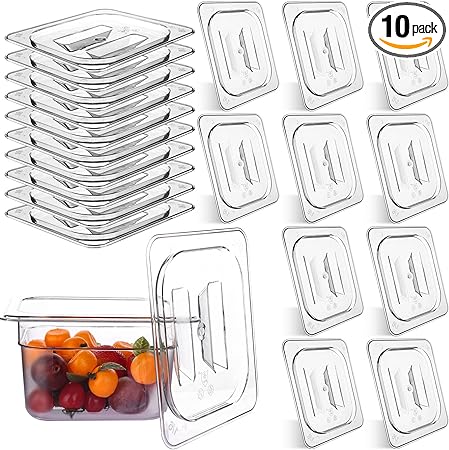 Photo 1 of 10 Pack 1/6 Size Clear Food Pan Lids Polycarbonate Universal Handled Food Pan Lid Plastic Pan Lid with Handle Restaurant Commercial Hotel Food Pan Cover 6.9 x 6.3 Inch for Food Fruits Vegetables
