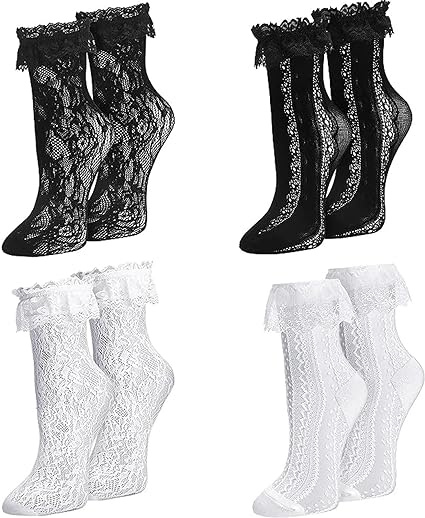 Photo 1 of 4 Pairs Women Ruffle Socks Cup Lace Socks Cute Trim Frilly Princess Wedding Goth Halloween Elegant Ankle Sock for Girl(3 White, 1 Black)