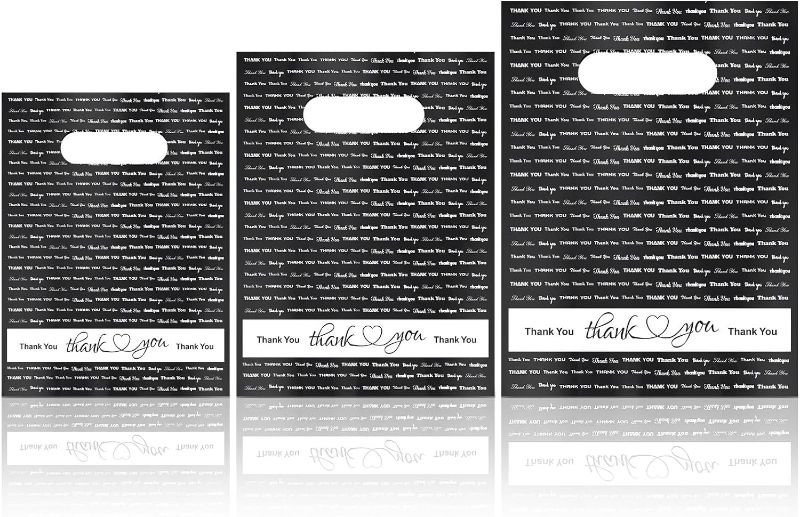 Photo 1 of 200 Pcs Thank You Merchandise Bag Bulk Die Cut Shopping Bags with Handles 3 Sizes Plastic Gift Bags 2.36 Mil Retail Bags for Goodie Small Business Gift Trade Bags Stores Clothes Party Favor (Black) 