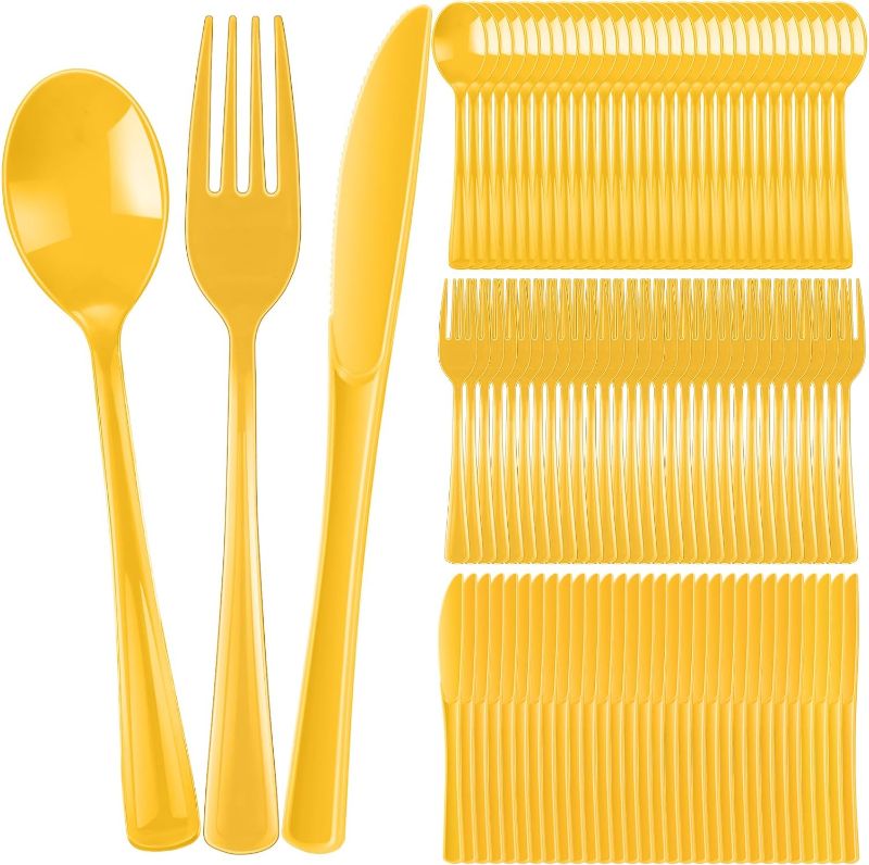 Photo 1 of 300 Pack Plastic Utensils Heavy Duty Cutlery Set 100 Plastic Forks 100 Plastic Spoons and 100 Plastic Knives Disposable Party Utensils Plastic Silverware Sets for Parties and All Occasions (Yellow)