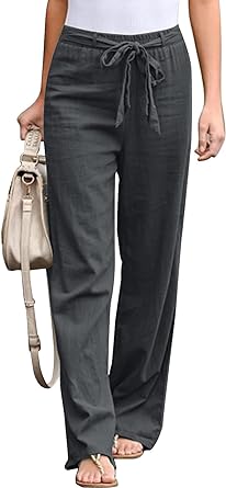 Photo 1 of EVALESS Black High Waisted Straight Leg Linen Palazzo Pants for Women Casual Solid Color Tie Comfy Trousers with Pockets Medium 