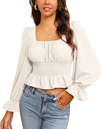 Photo 1 of Damorong Womens Square Neck Ruffle Long Sleeve Tops Smock Tie Back Casual Peplum Crop Top Blouses Small