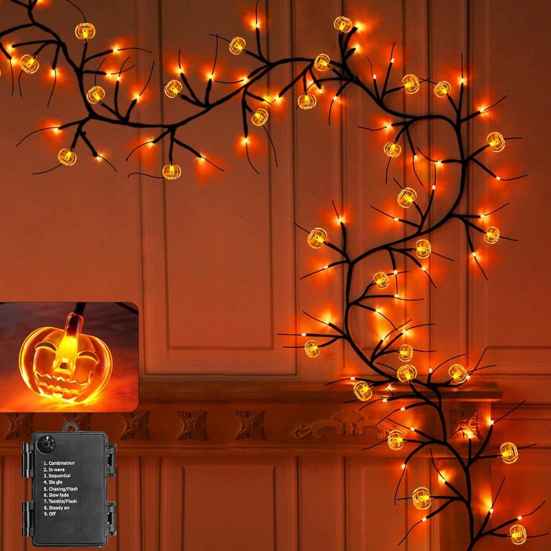 Photo 1 of 6FT 54LED Garland with Lights Willow Vine Twig Pumpkin Lights with Timer 8 Modes Waterproof Orange Halloween Lights Indoor Battery Operated Halloween Garland for Mantle, Wall, Fireplace