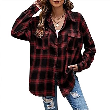 Photo 1 of ZAFUL Womens Plaid Shirts Button Down Shacket Long Sleeve Collared Business Casual Blouses Tops Large