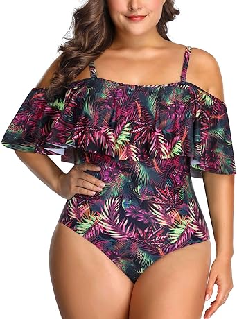 Photo 1 of Daci Women Off Shoulder Plus Size One Piece Swimsuits Tummy Control Bathing Suits Ruffle Swimwear 22Plus