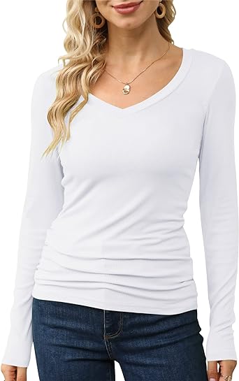 Photo 1 of GEMBERA Women’s V Neck Ribbed Knit Long Sleeve Tops Casual Slim Fitted Basic Shirts Medium