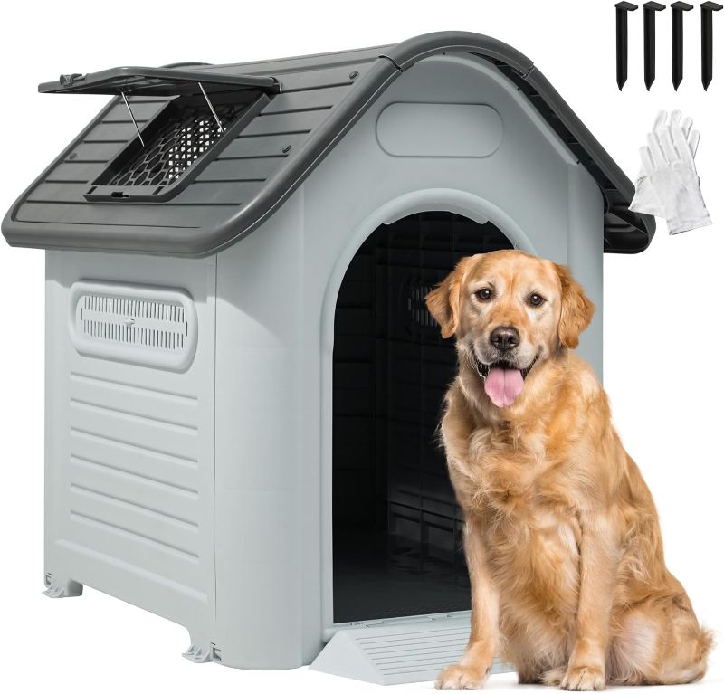 Photo 1 of  YITAHOME Large Plastic Dog House, Water Resistant & Anti-UV Insulated Pet House Outdoor Indoor, Dog Kennels for Outside Puppy Shelter with Elevated Floor/Air Vents/Skylight, Grey, 100 x 85 x 96 cm 