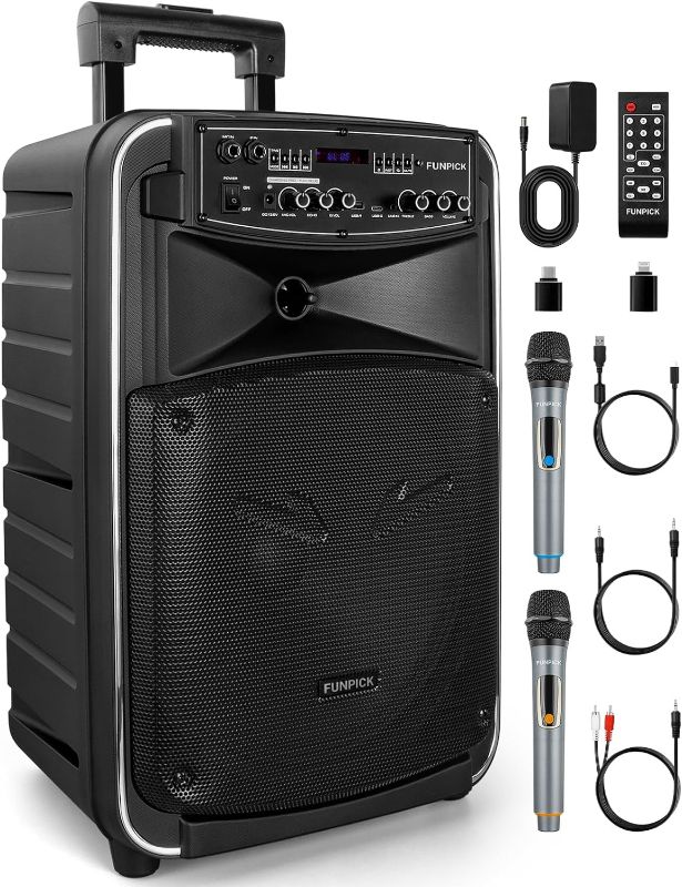 Photo 1 of FUNPICK Portable PA System with Wireless Microphones, 12 inch subwoofer Karaoke Machine for Gatherings, Meetings, Outdoor Parties - Bluetooth/TWS/FM (FTSK12-2) 