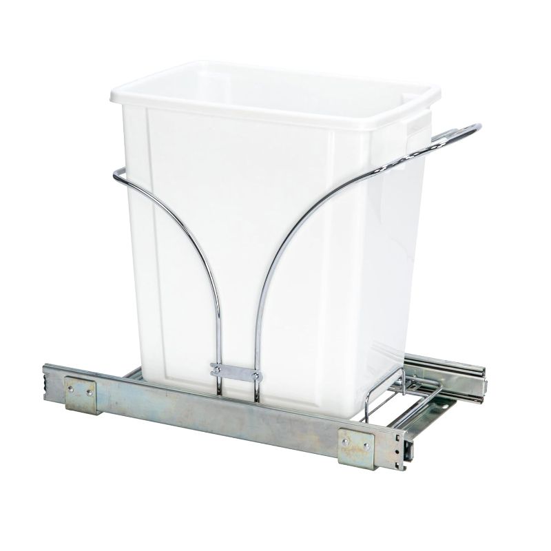 Photo 1 of  Household Essentials Glidez Chrome-Plated Steel Pull-Out/Slide-Out Discreet Single 5 Gallon Plastic Trash Can for Under Cabinet Use - Fits Standard Size Cabinet, Chrome and White 