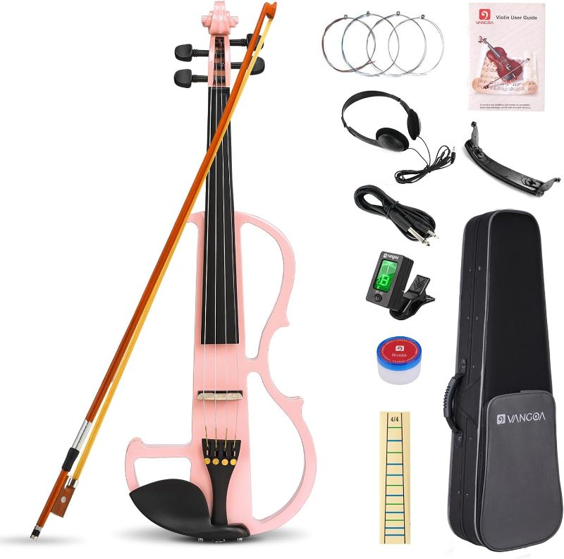 Photo 1 of  Vangoa Electric Violin 4/4 Full Size Silent Violin Set for Beginner Adults Teens, Solid Maple Wood Metallic Electronic Quite Violin with Ebony Fittings, Pink 