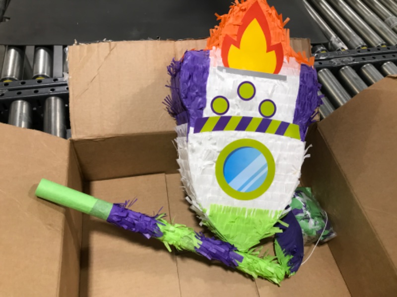 Photo 2 of Rocket Ship Pinata with Pinata Stick Blindfold Bat Confetti Spaceship Space Shuttle Pinata for Outer Rocket Space Astronaut Theme Birthday Party Supplies Decoration