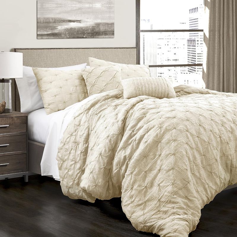 Photo 1 of  Lush Decor Ravello Pintuck Comforter Set - Luxe 5 Piece Textured Bedding Set - Traditional Glam & Farmhouse Inspired Bedroom Decor - King, Ivory 