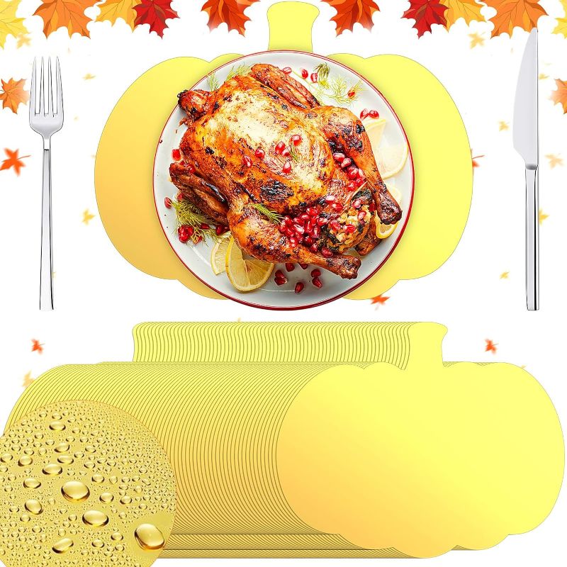 Photo 1 of 100 Pieces Pumpkin Disposable Placemats Metallic Thanksgiving Pumpkin Place Mats Autumn Harvest Table Mats for Fall Thanksgiving Halloween Kitchen Decor Placemats 