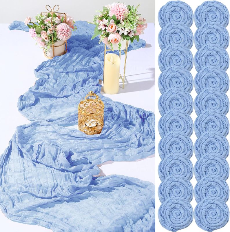 Photo 1 of 20 Pcs Blue Cheesecloth Table Runner 35 x 160 Inch, Gauze Table Runner for Wedding Reception Sheer Bridal Shower Birthday Party Boho Table Decoration, Rustic Romantic Wedding Runner (Blue)