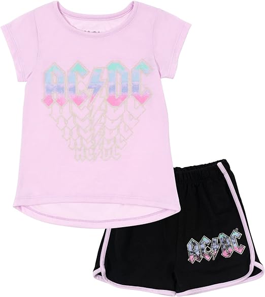 Photo 1 of AC/DC Girls T-Shirt and French Terry Shorts Outfit Set Toddler to Big Kid 5