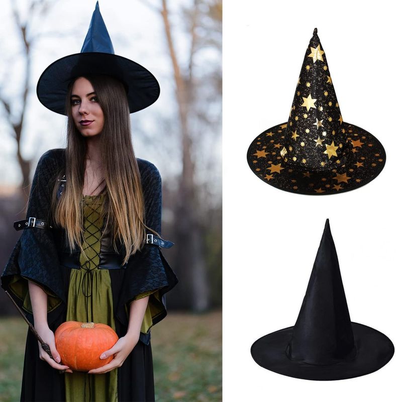 Photo 1 of 2 PCS Halloween Witch Hat Unisex Black and Gold Stars Witch Hats for Halloween Party Black Wizard Cap Halloween Cosplay Costume Props Decoration 