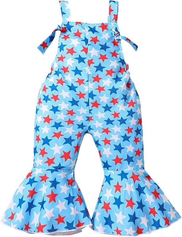 Photo 1 of 12-18 Months  -  Noubeau Toddler Kids Baby Girl Fourth of July Outfits American Flag Bell-Bottom Romper One-Piece Sleeveless Sling Jumpsuit Blue-4 