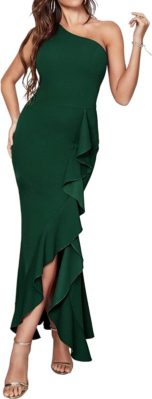 Photo 1 of BTFBM Women One Shoulder Dresses Sleeveless Cocktail Bodycon Mermaid Ruffle Side Split Formal Party Long Evening Dress L