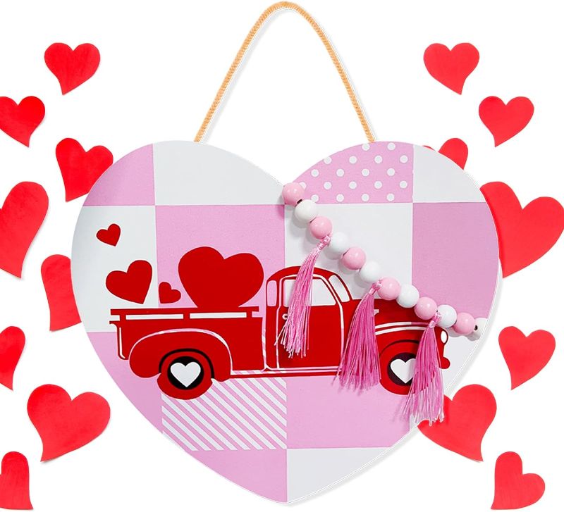 Photo 1 of 11.5x10.3 Inches Valentine's Day Wood Heart Door Sign with Beads and Tassels, Pink Checkered Wall Hanging Sign for Wedding, Romantic Front Door Indoor Outdoor Decor