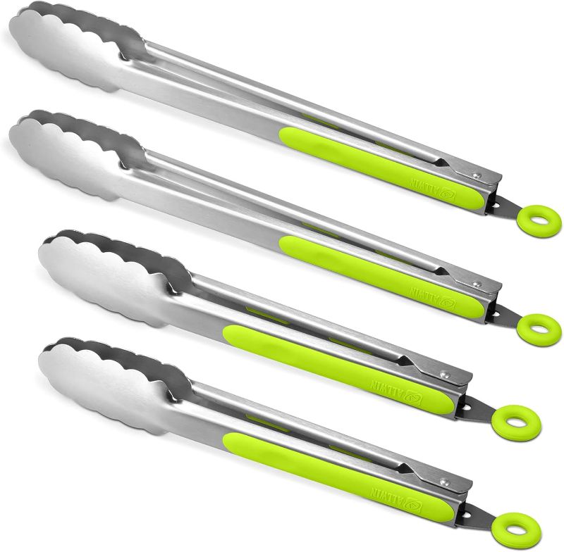 Photo 1 of 304 Stainless Steel Kitchen Cooking Tongs, 9" and 12" Set of 4 Sturdy Grilling Barbeque Brushed Locking Food Tongs with Ergonomic Grip, Green