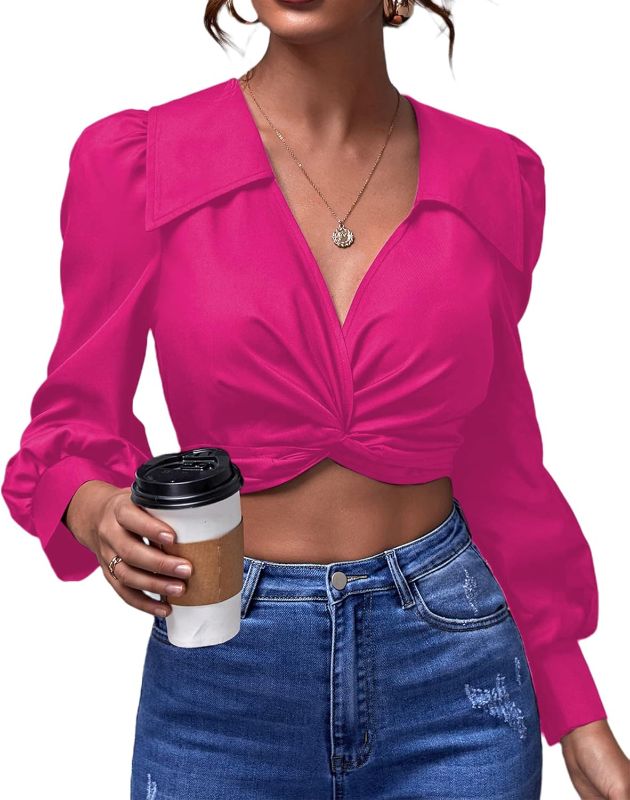 Photo 1 of Avanova Women's Puff Long Sleeve Collared V Neck Crop Top Tie Back Chiffon Blouse Shirt XL