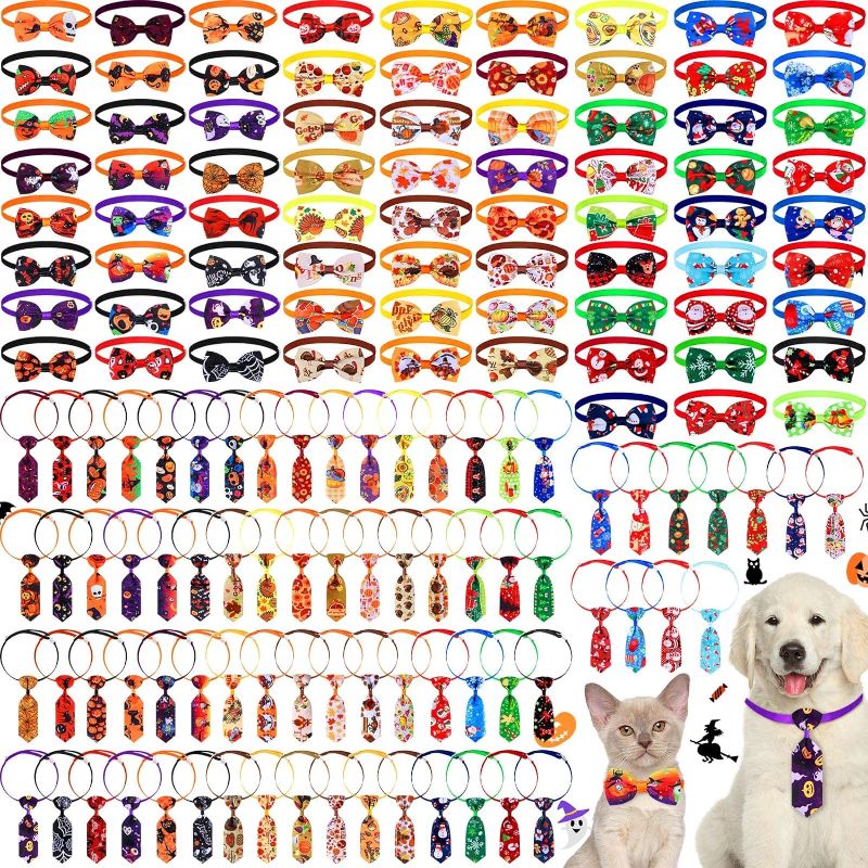 Photo 1 of 150 Pcs Christmas Dog Bows Ties Thanksgiving Bow for Dogs Fall Dog Cat Bows Collars Christmas Cats Bowtie Collar Adjustable Dog Neckties Collar Dog Grooming Accessories for Festival Decor