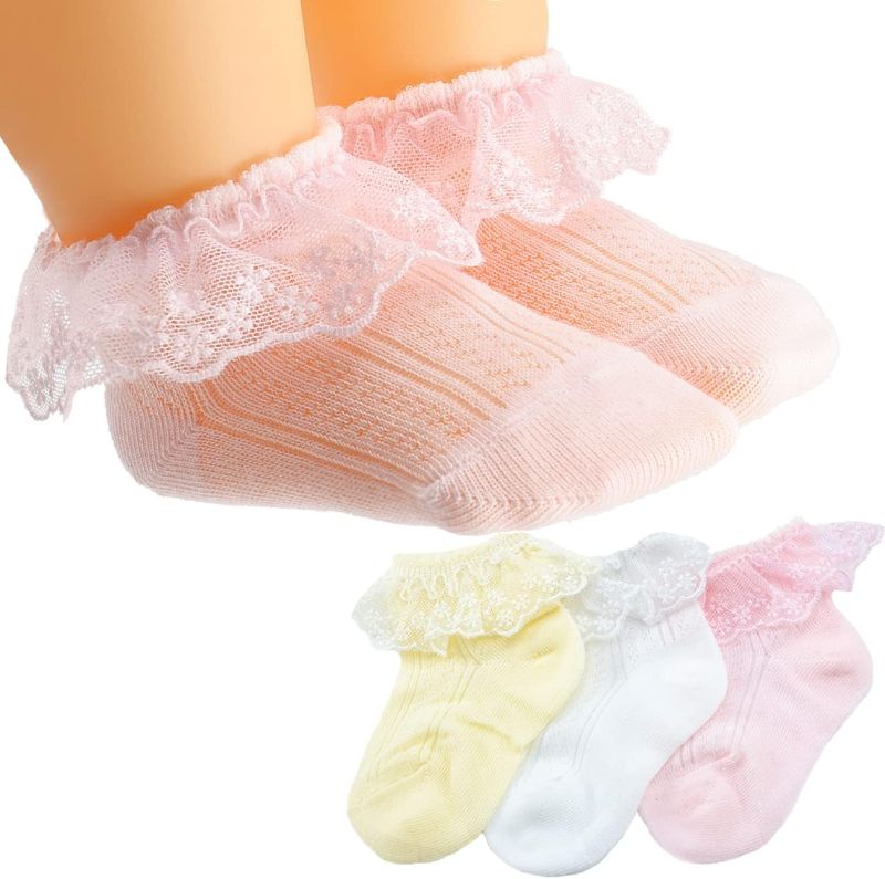 Photo 1 of Baby Girl Socks Infant Toddler Ruffle Socks Princess Eyelet Frilly Little Baby Girls Lace Ruffle Socks,  3Pairs