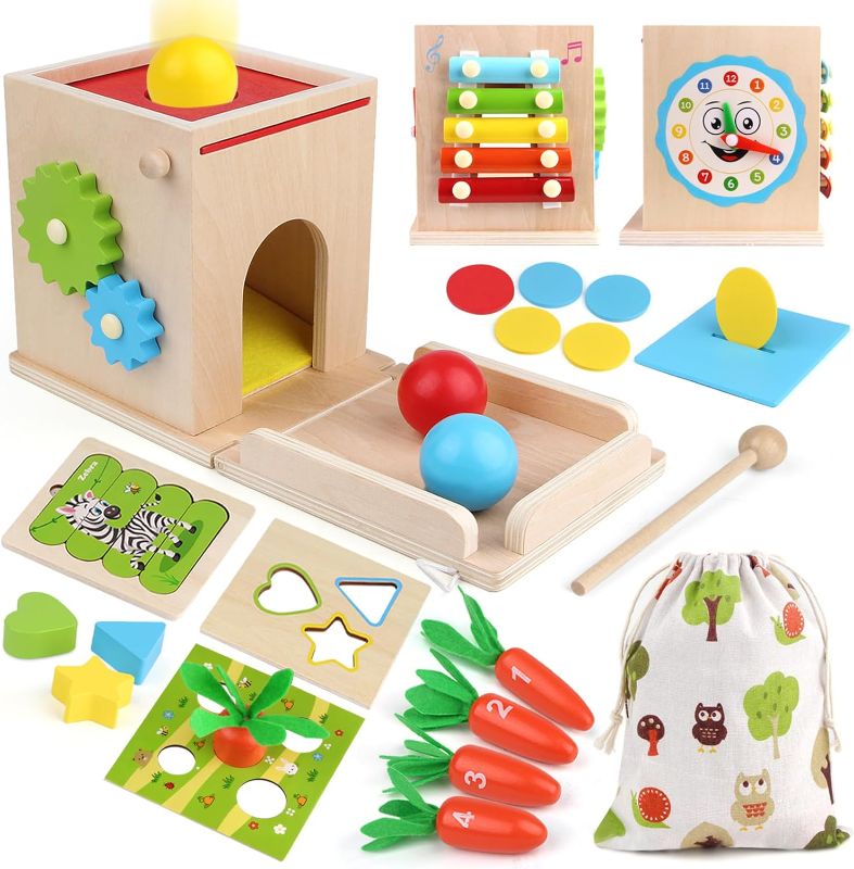 Photo 1 of 8-in-1 Wooden Montessori Baby Toys, Wooden Play Kit Includes Object Permanent Box, Coin Box, Carrot Harvest, Puzzle, Shape Sorter - Christmas Birthday Gift for Boys Girls Toddlers