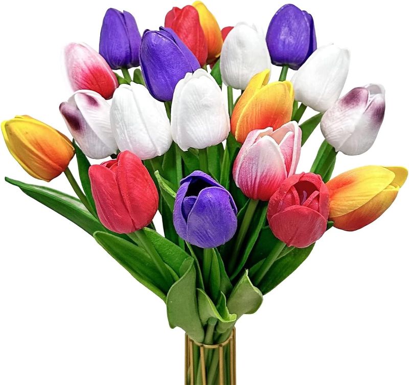 Photo 1 of 20pcs Purple Faux Tulip Flowers Real Touch Spring Tulip Artificial Flowers Bouquet Floral Arrangement for Wedding Home Garden Room Decor (2 Colors)