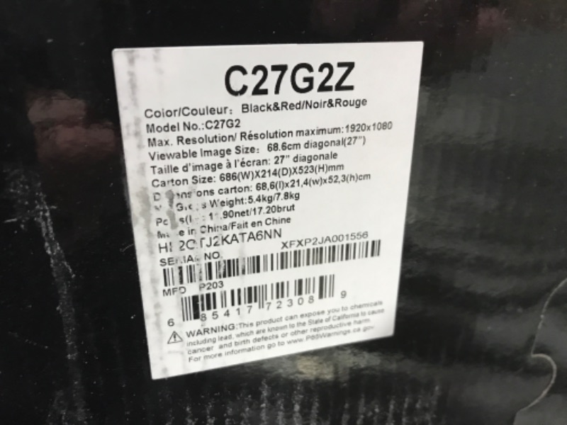 Photo 7 of AOC C27G2Z 27" Curved Frameless Ultra-Fast Gaming Monitor, FHD 1080p, 0.5ms 240Hz, FreeSync, HDMI/DP/VGA, Height Adjustable, Black, 27" FHD Curved 27 in FHD Curved 240Hz 0.5ms