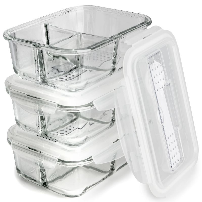 Photo 1 of [3-Pack] Glass Meal Prep Containers 3 Compartment - Food Storage Container Set with Airtight Locking Lids with Cutlery Compartment - Portion Control - Microwave, Freezer, Oven & Dishwasher Safe