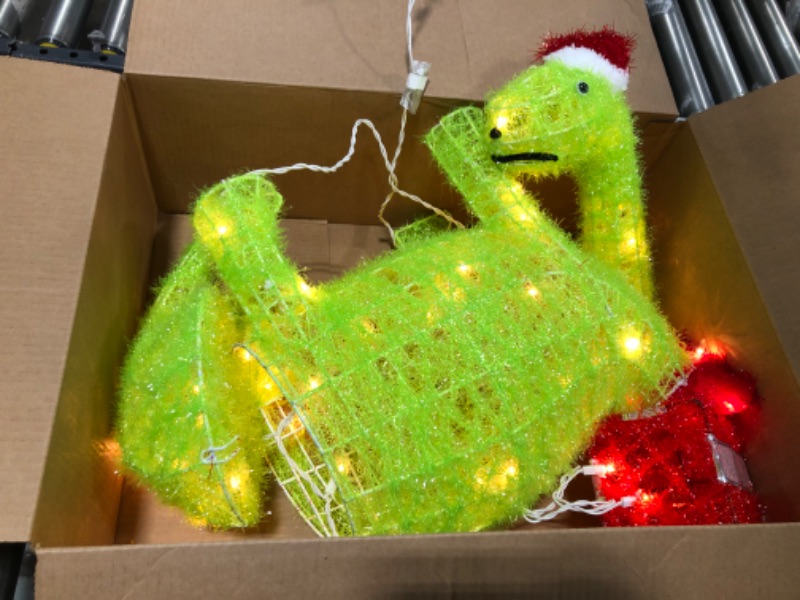 Photo 2 of  WATERGLIDE Lighted Christmas Green Dinosaur with Gift Box Decorations, 27 Inch Pre-Lit Light Up 3D Brachiosaurus Xmas Outdoor Yard Decor with Lights, for Festive Xmas Holiday Garden Lawn Display 