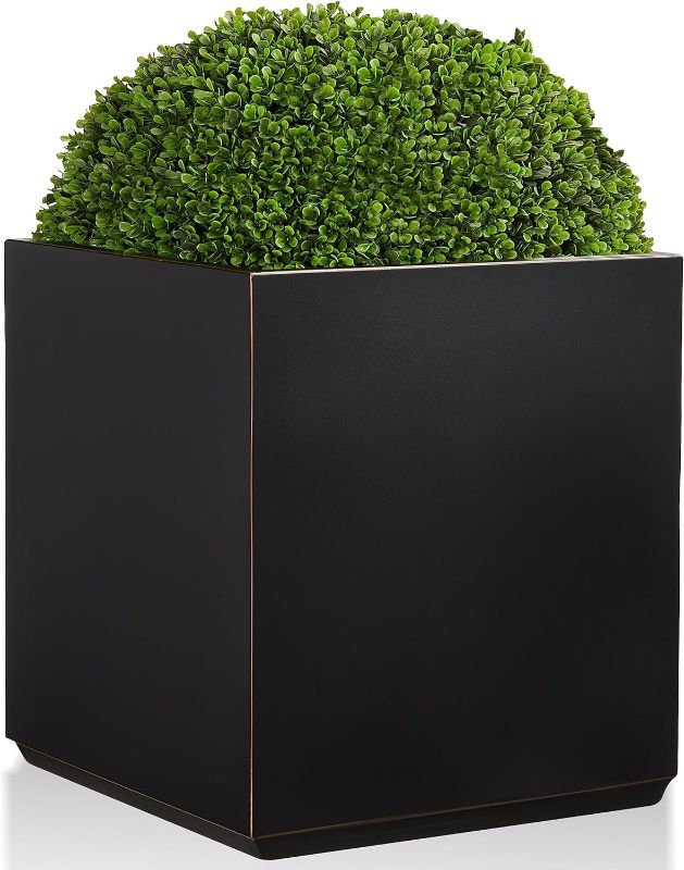 Photo 1 of  Wallowa Metallic Heavy Cube Planter Box, Large Square Planter for Trees, Tall Plants and Flowers 21”Lx21”Wx24”H 35Pounds Black with Hand Brushed Gold Rim 