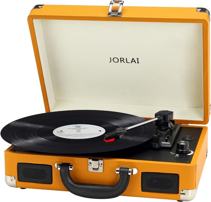 Photo 1 of Jorlai Vinyl Record Player 3-Speed Turntable with Bluetooth, Portable Suitcase, Built-in Battery Stereo Speakers, 3.5mm Headphone Jack, Aux in/RCA Out for Home Decoration Gift 