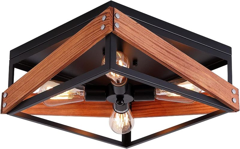 Photo 1 of  4-Light Rustic Industrial Flush Mount Light Fixture Metal and Wood Square Flush Mount Ceiling Light for Hallway Living Room Bedroom Kitchen Entryway Farmhouse, Black 